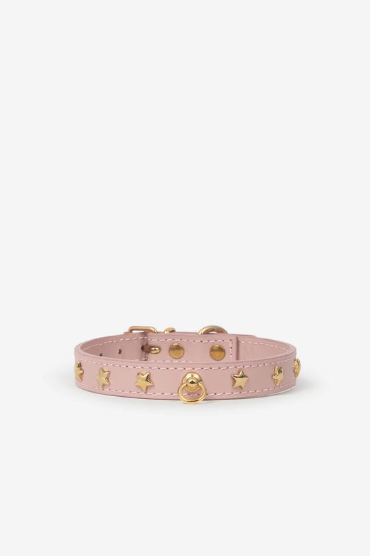 Pink leather dog collar with golden studs