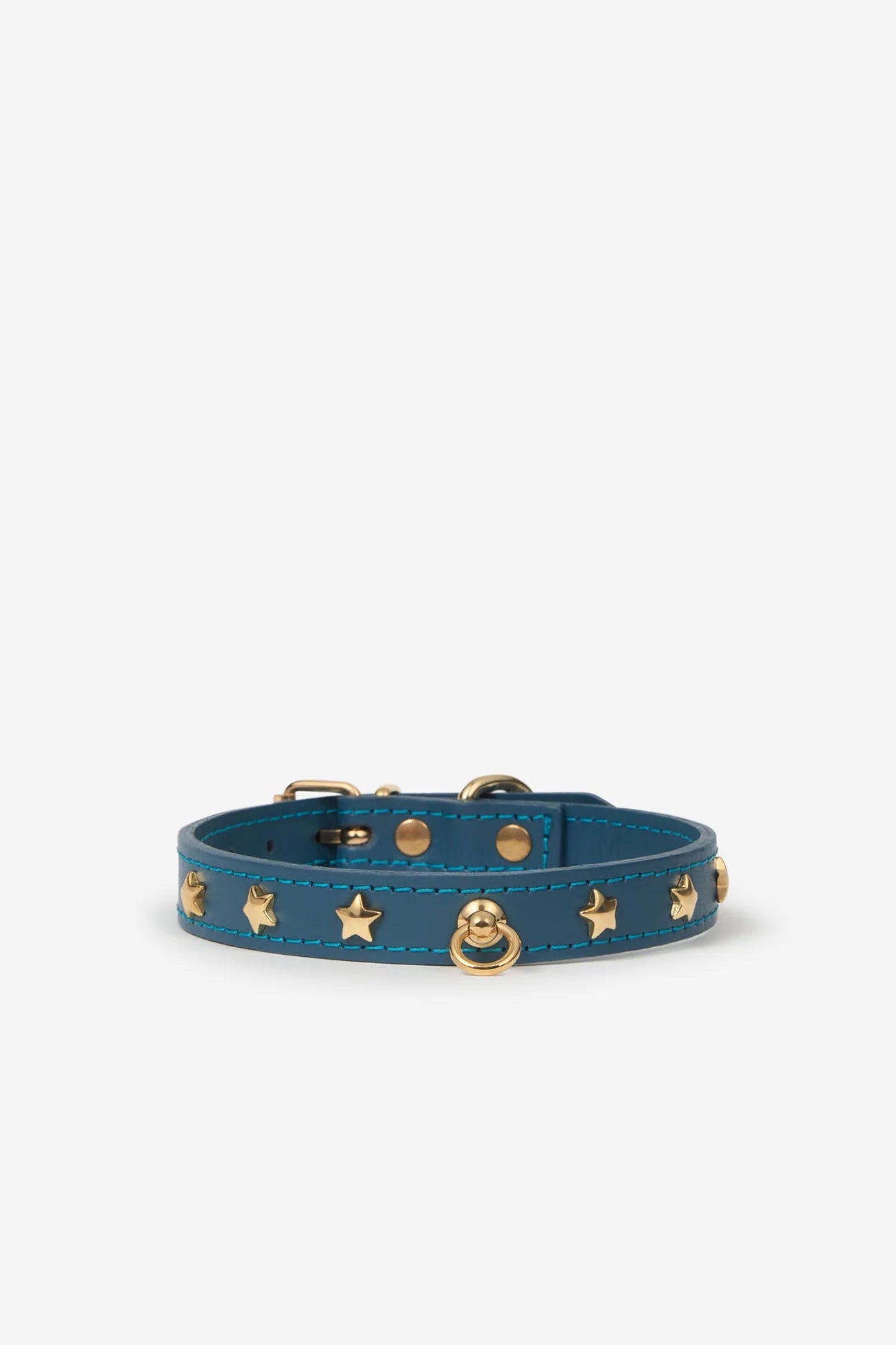 Blue leather dog collar with golden studs