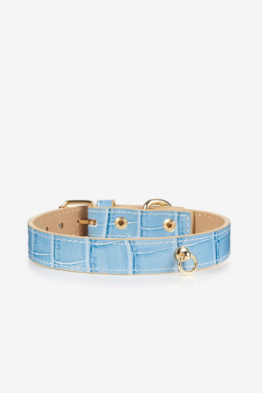 Light blue crocodile print leather dog collar
